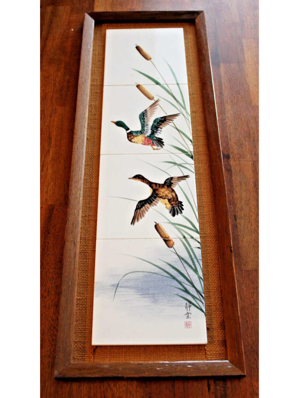 Vtg MC Japanese Tile Painting CDGC Signed Handptd Ducks in Flight Frame 28x10
